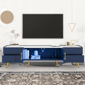 Blue Modern TV Stand Fits TVs up to 80 in. with LED lights, 4-Drawers, Brown Glass Door, Metal Legs and Handles