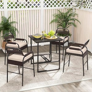 5-Piece Wicker Outdoor Dining Set with Polywood Tabletop and Beige Cushions