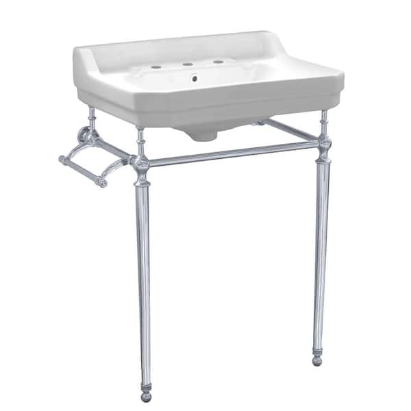 24 in. console sink with integrated rectangular bowl, solid brass leg supports and side towel bar