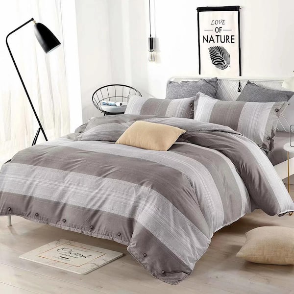 Shatex Duvet Cover 90g Microfiber Down Comforter Quilt Bedding Cover, 3-Piece Solid Button Design, Striped Gray, Twin