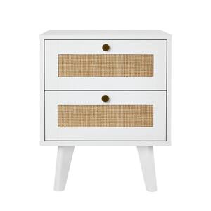 2-Drawers White Modern Wood Nightstand with Rattan Mid Century Accent Side End Table 21.7 in. H x 17.7 in. W x 13.8 in.D