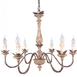 French Traditional Elegant Wood Chandelier, 6-Light Distressed White and Bronze Pendant Light with Adjustable Chain