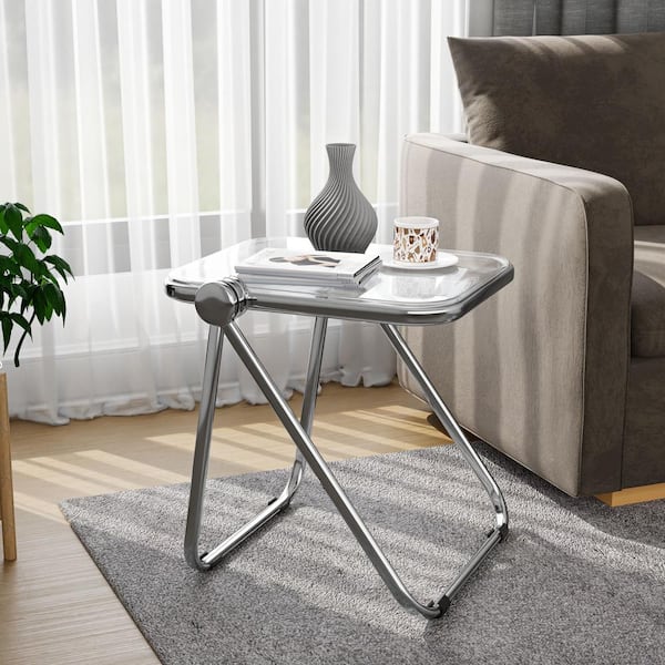 Leisuremod Lawrence Clear Rectangular 16.7 in. Folding Side Table in Chrome Finish with Plastic Tabletop and Aluminum Frame