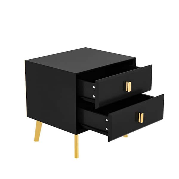 FUFU&GAGA Side Table with 2-Drawers, End Table, Single Black Wooden Nightstand, 18.9 in. W-15.7 in. D-18.9 in. H