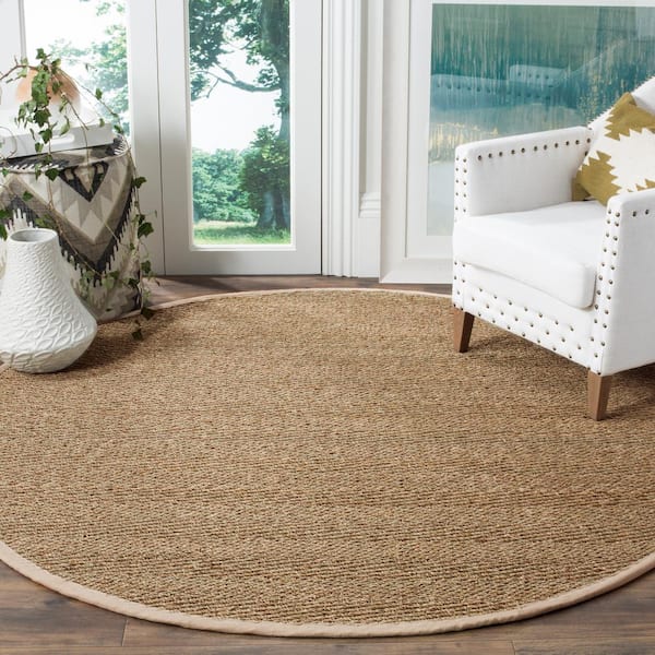 Natural Fiber Beige/Ivory 8 ft. x 8 ft. Woven Herringbone Round Area Rug