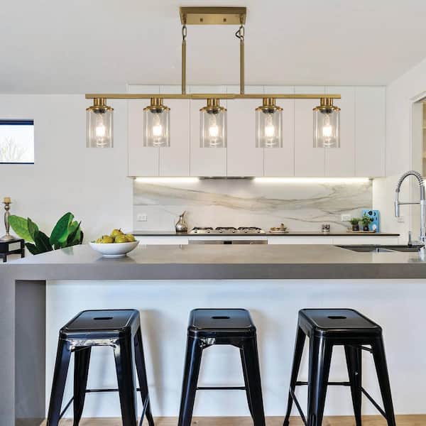 Avex 5-Light Gold Modern Industrial Pendant Light with Clear Glass Shade, No Bulbs Included