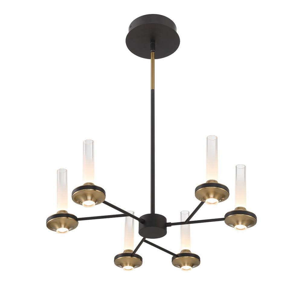 Torcia Black and Brass 12-Light LED Chandelier with Etched Glass Shades