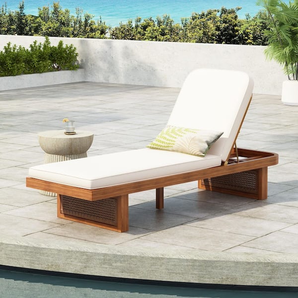 Zenith Rustic Patio Natural Finish Solid Wood and PE Rattan Outdoor Chaise Lounge with White Cushion