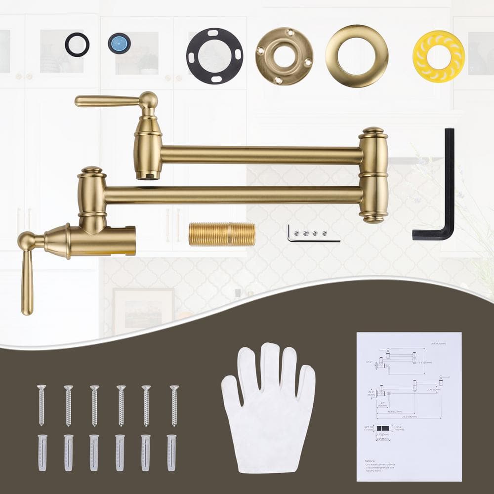 Brushed Gold Brass Wall Mounted Double Handle Pot Filler