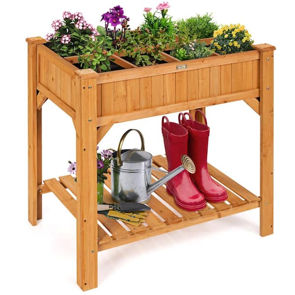 Costway 36 in. L x 24 in. W x 36 in. H Natural Fir Wood Rectangular Raised Bed Elevated Planter Box with Shelf and Liner