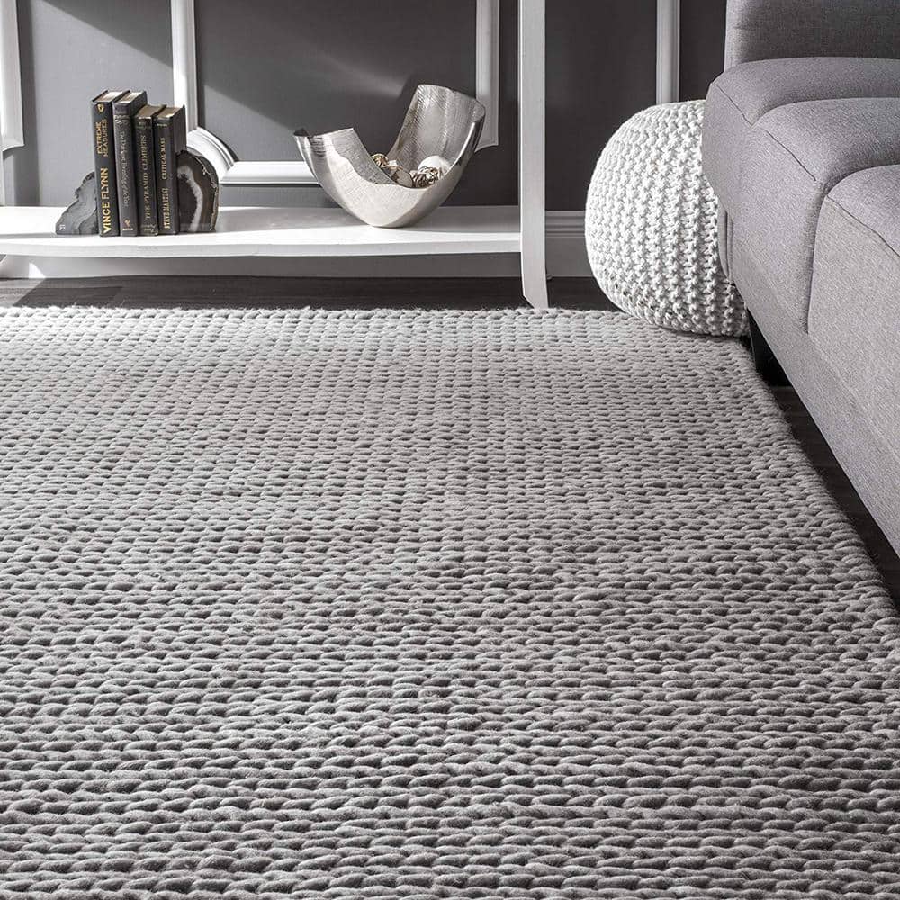 Light Grey Braided Handmade Wool Area Rug, 33" x 11"