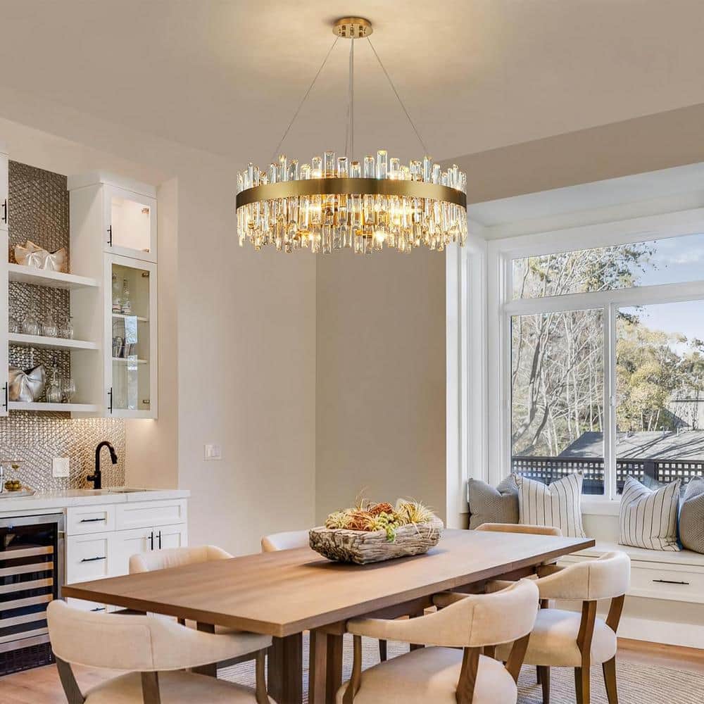Gold Brass 16-Light Crystal 2-Tier Round Chandelier