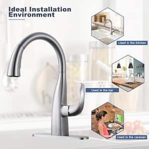 Single Handle Pull Down Sprayer Kitchen Faucet with Vintage Gooseneck and Soap Dispenser in Brushed Nickel