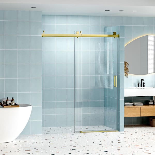 ANGELES HOME 60 in. W x 76 in. H Single Sliding Frameless Soft-closing Shower Door in Gold with 1/4 in. (6mm) Tempered Clear Glass