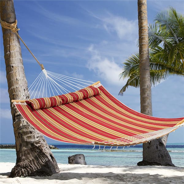 130 in. Hammock with Pillow Curved Bamboo Spreader Bar Chain Portable Indoor Outdoor Red