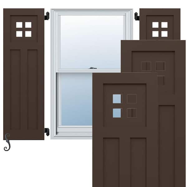 Ekena Millwork EnduraCore San Antonio Mission Style 12 in. W x 57 in. H Raised Panel Composite Shutters Pair in Raisin Brown