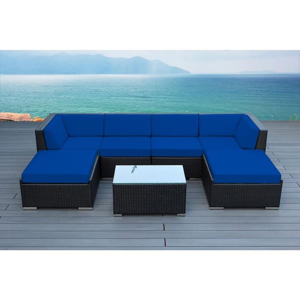 Ohana Depot Ohana Black 7-Piece Wicker Patio Seating Set with Sunbrella Pacific Blue Cushions