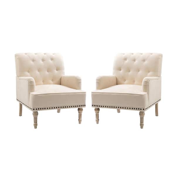 JAYDEN CREATION Leobarda Classic Traditional Beige Tufted Armchair with Nailhead Trim and Solid Wood Legs Set of 2