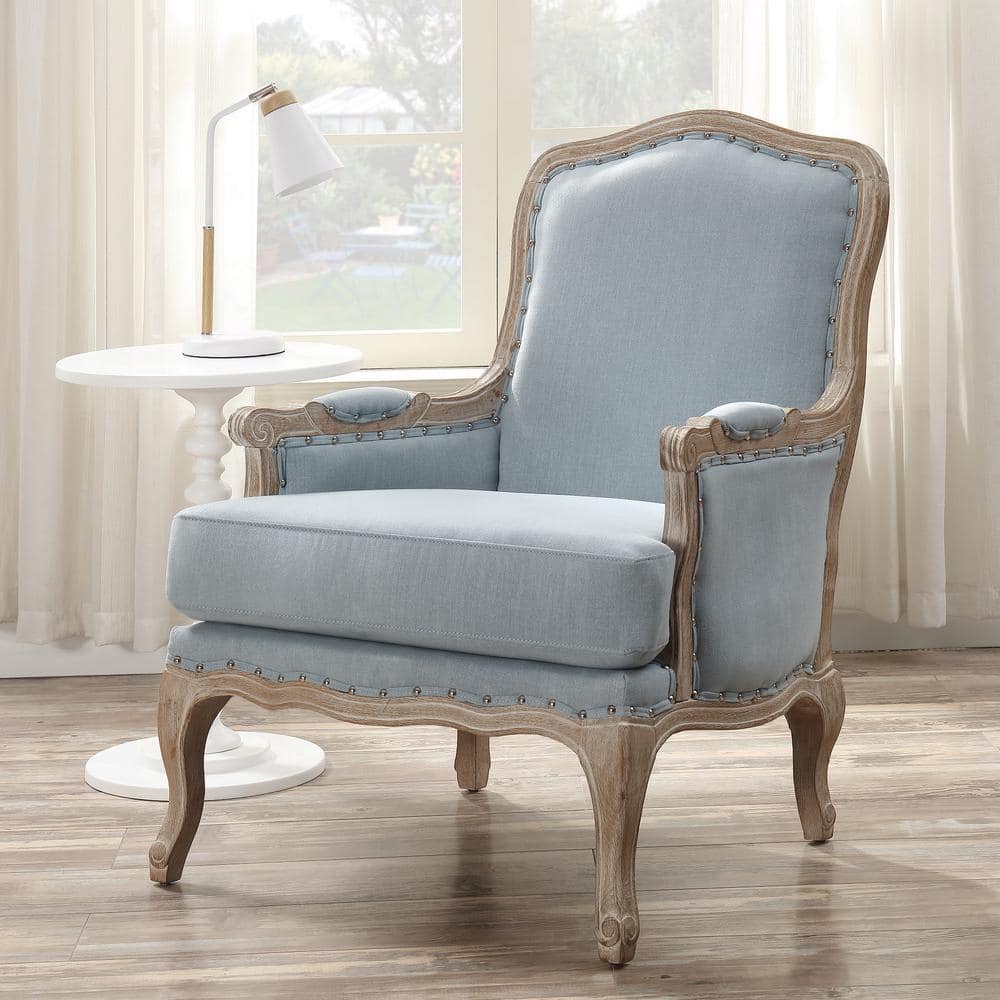 Light Blue Traditional Upholstered Accent Chair with Distressed Wood Base