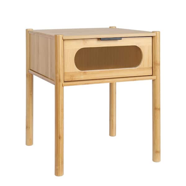 Angel Sar 15.75 in. Natural Square Top End Table with One Acrylic Imitation Glass Drawer