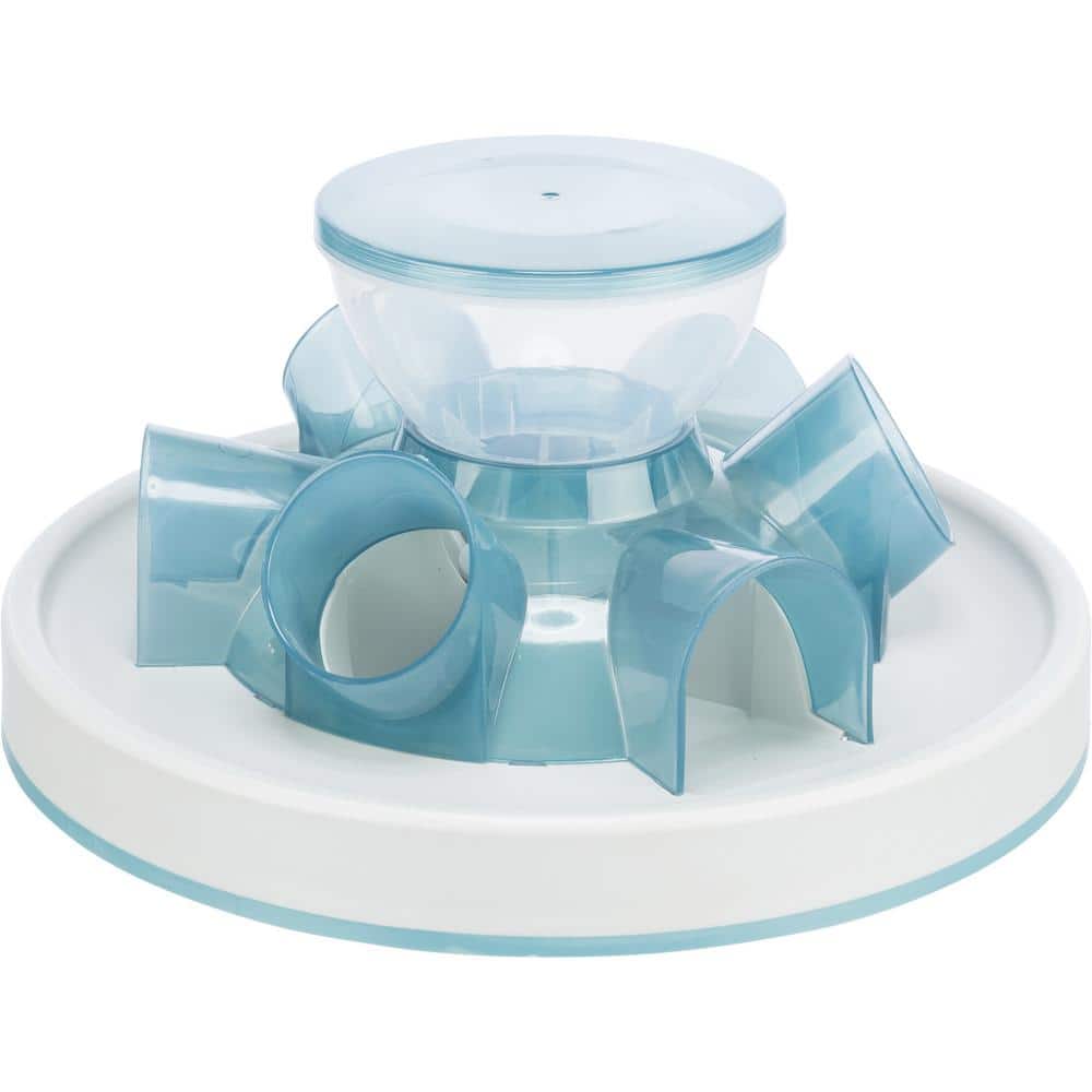 Interactive Blue and White Plastic Tunnel Feeder for Cats