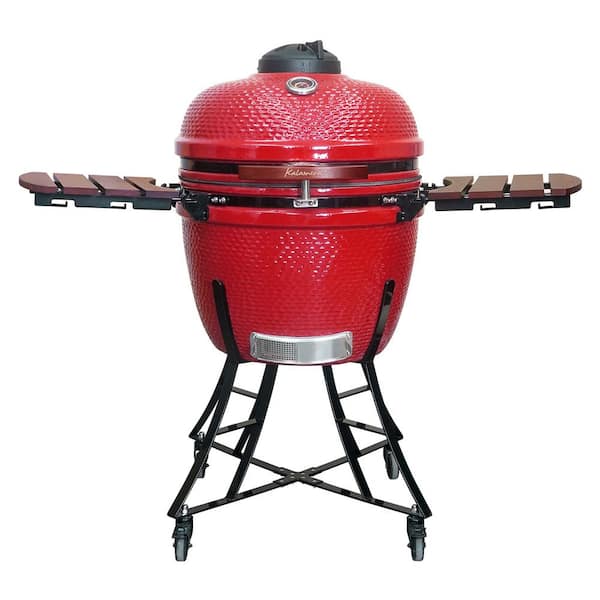 Kalamera 24 in. Kamado Ceramic Charcoal Grill in Red with Cart and Side Wings KOG 24R The Home Depot