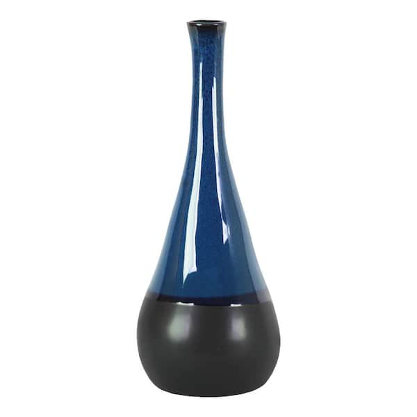 Benjara Glossy Blue Large Bellied Stoneware Vase with Black Banded Rim