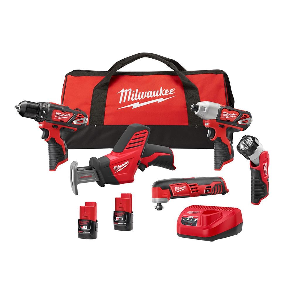Milwaukee M12 12V Lithium-Ion Cordless Combo Kit (5-Tool) with Two 1.5 Ah  Batteries, Charger and Tool Bag 2499-25 The Home Depot