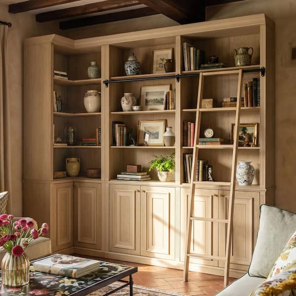 97.6 in. Tall Natural Wood 12-Shelf Accent Bookcase with Sliding Ladder, Lower Cabinets and Paneled Doors