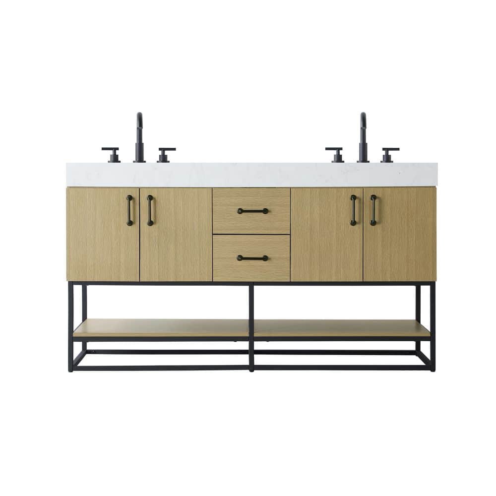 60 in. Double Sink Honey Brown Bath Vanity with White Engineered Marble Top price history on PriceWatchPro