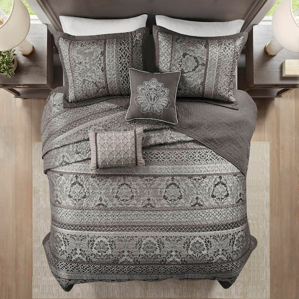 Madison Park Venetian 5-Piece Grey Cotton King Reversible
