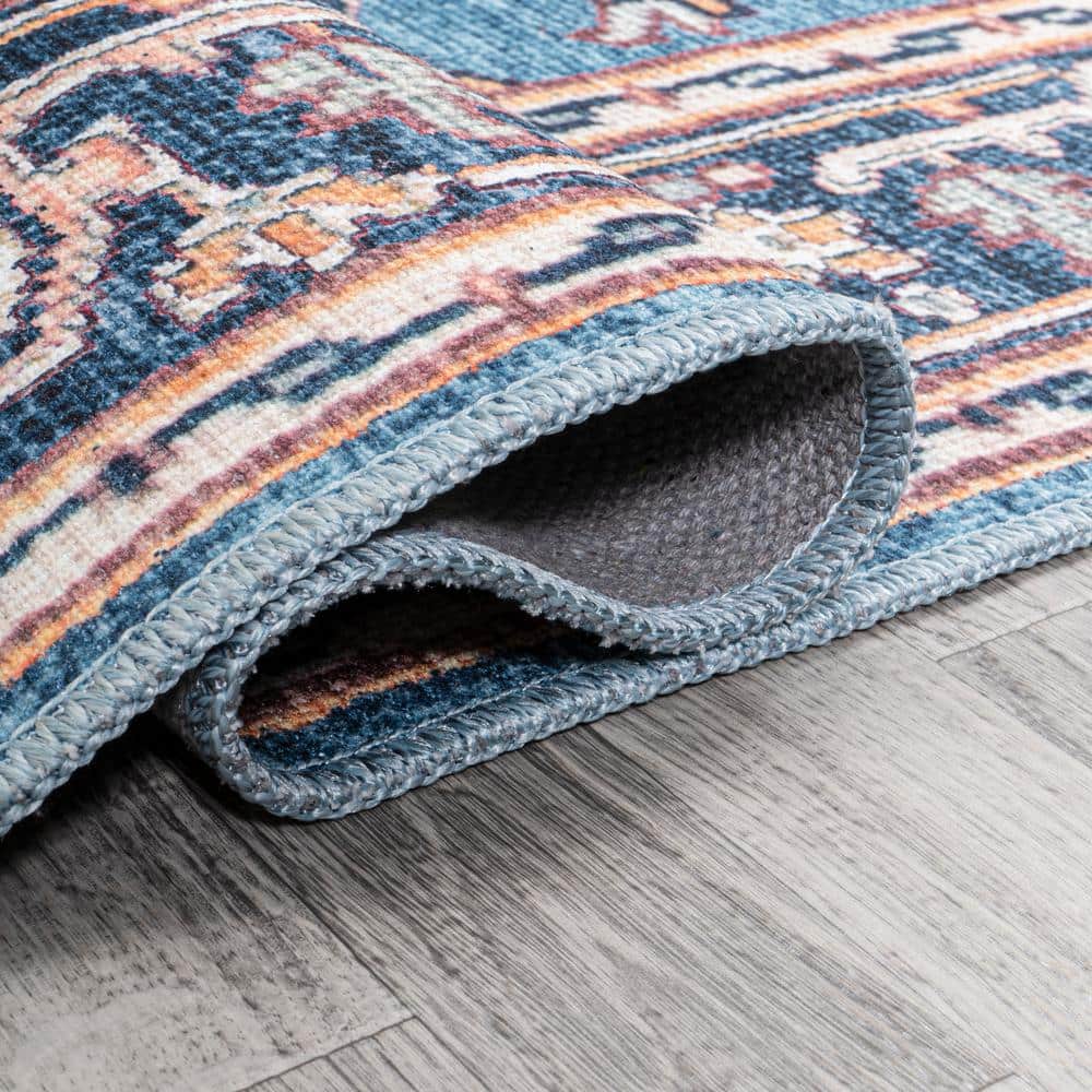 Cirali Blue and Beige Medallion Washable Area Rug