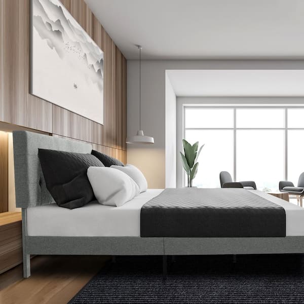 Alex Light Grey Queen Upholstered Platform Bed Frame with Headboard