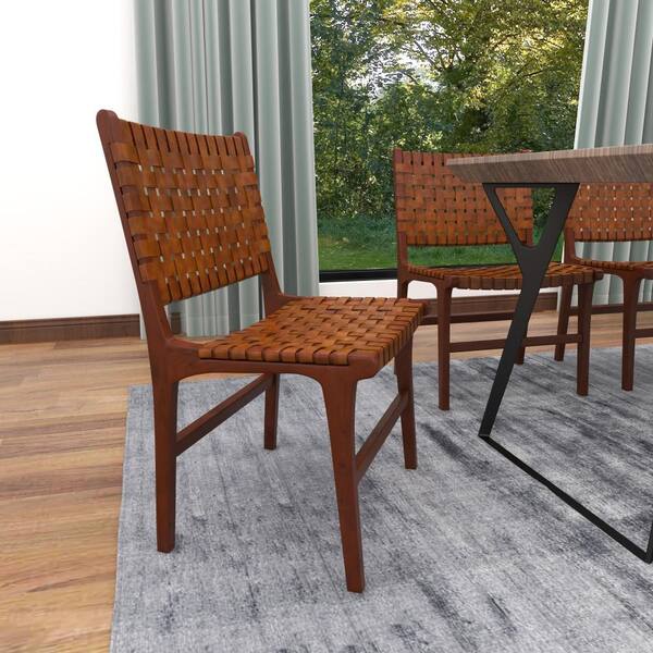 Woven Leather Dining Chair, Leather Wood Chair Dining