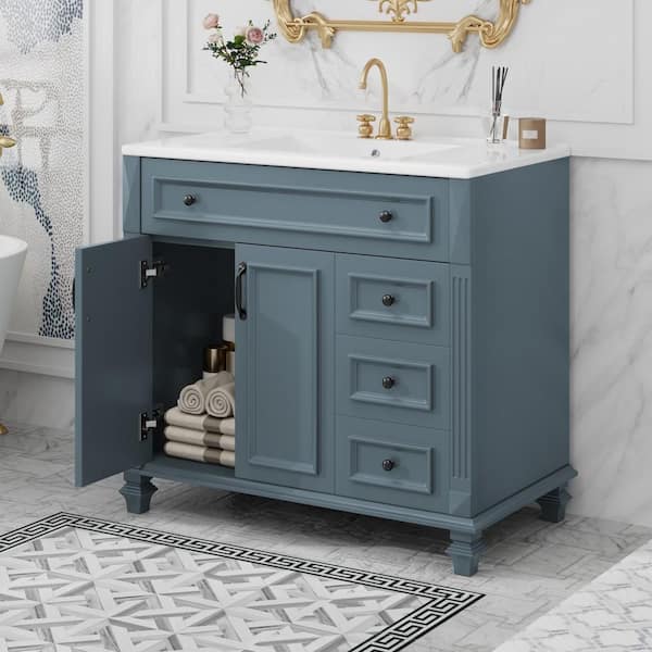 Baye 36 in. W Freestanding Blue Grey Bath Vanity with White Ceramic Top Unassembled