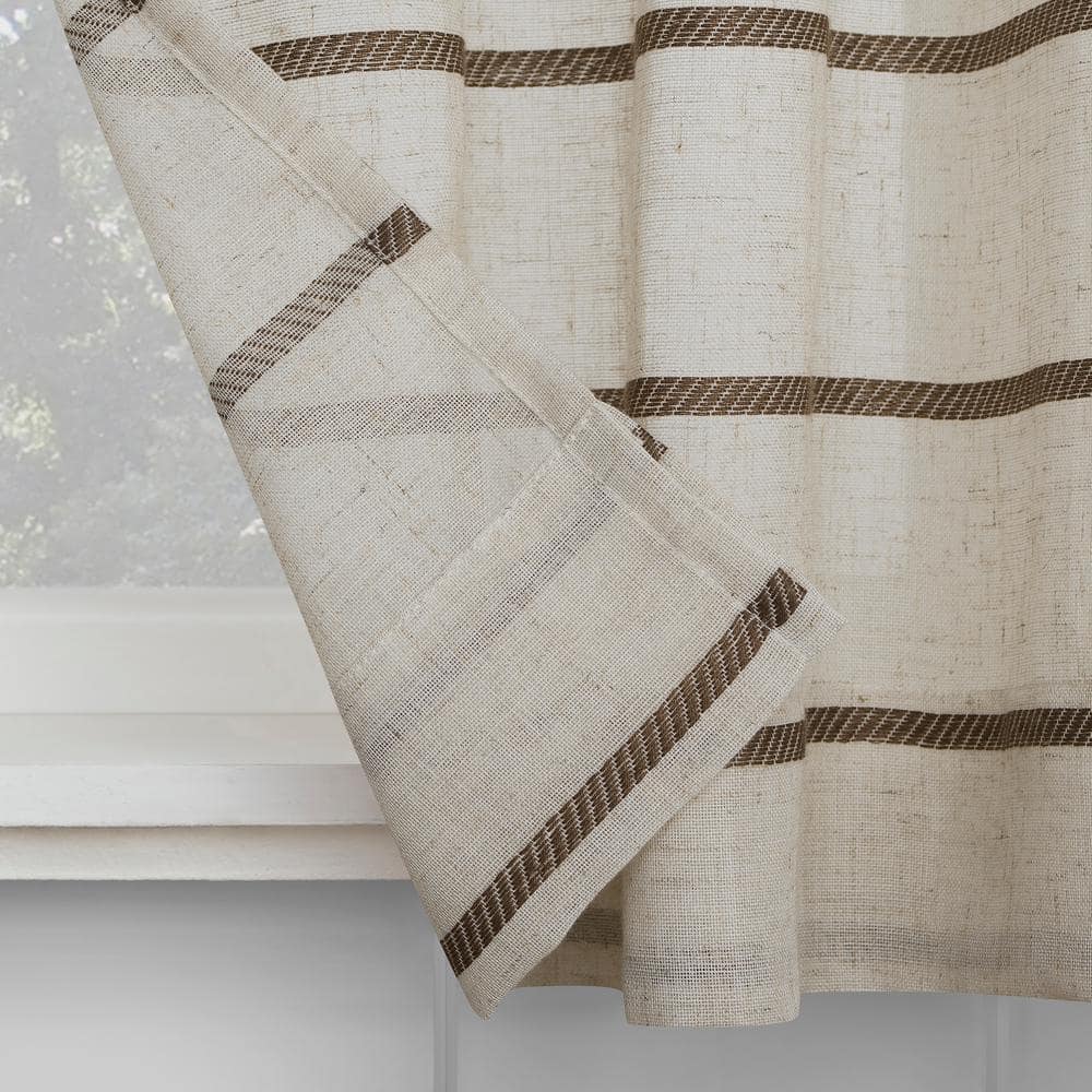 Mocha Linen Striped Sheer Cafe Kitchen Curtains, 52" x 36"