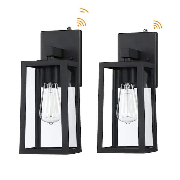 13.96 in. x 5.32 in. 2-Pack 1-Light Black Motion Sensor Dusk to Dawn Outdoor Lantern Wall Sconce with Clear Glass Shade