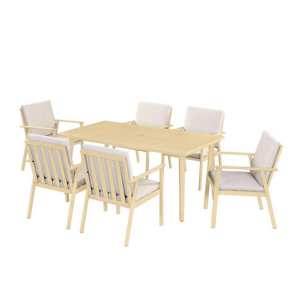 Alulux Light Brown Wood 7-Piece Aluminum Outdoor Dining Set with Rectangular Table and Beige Cushions price history on PriceWatchPro