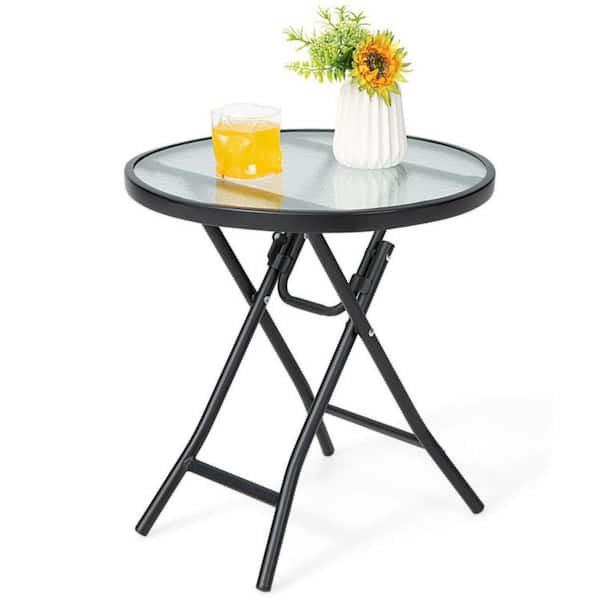 18 in. W Black Round Foldable Metal Patio Side Table with Tempered Glass Top for Outdoor, Deck or Bistro