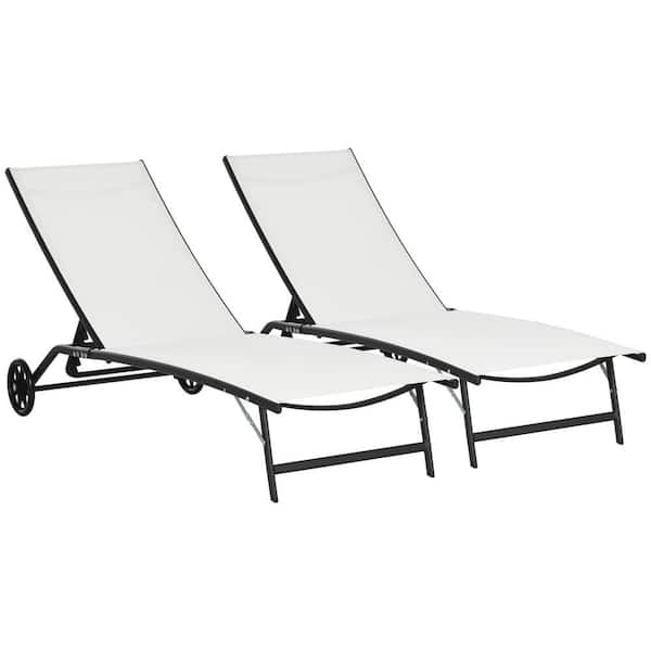 Otryad Cream White Metal Outdoor Chaise Lounge, 2-Piece Lounge Chair with Wheels, Tanning Chair with 5-Adjustable Positions