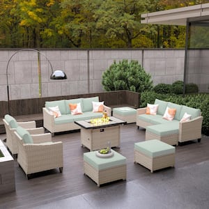 Oconee Beige 9-Piece Modern Outdoor Patio Conversation Sofa Set with a Rectangle Fire Pit and Mint Green Cushions