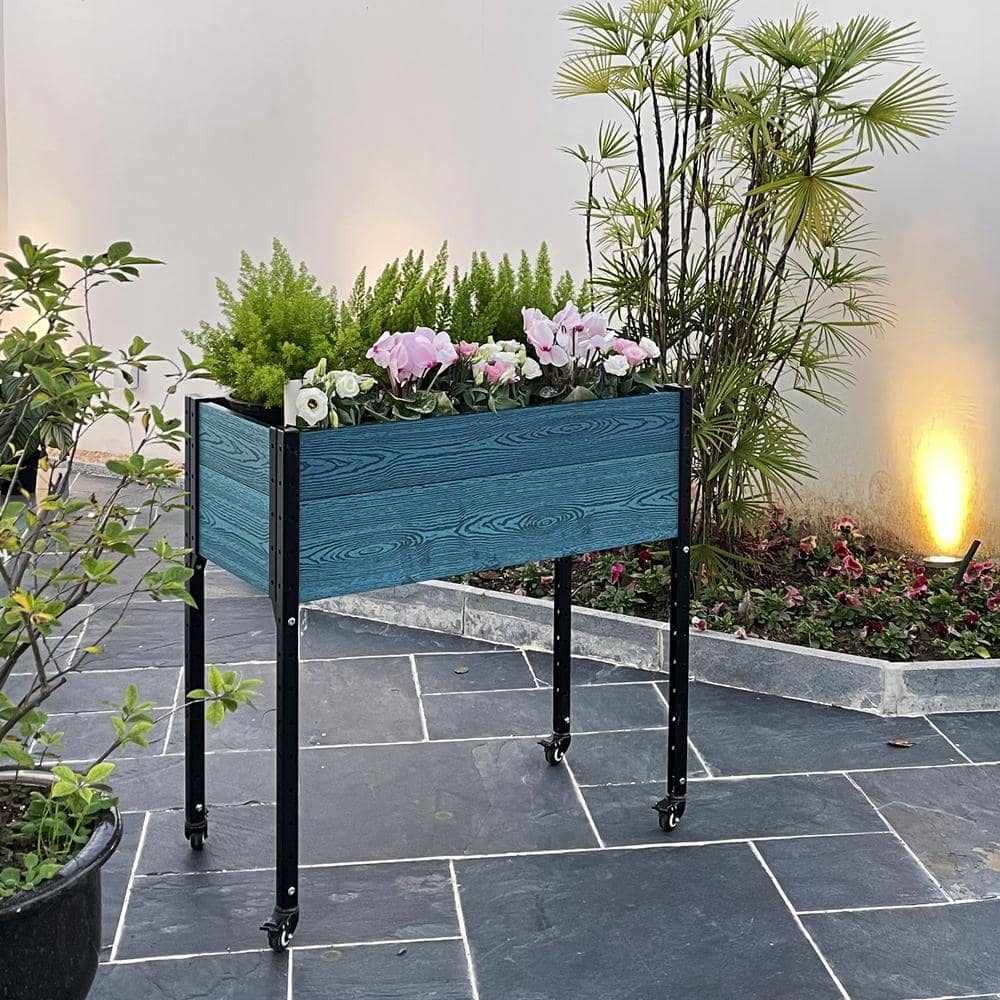 Blue and Black Composite Steel Self-Watering Elevated Planter