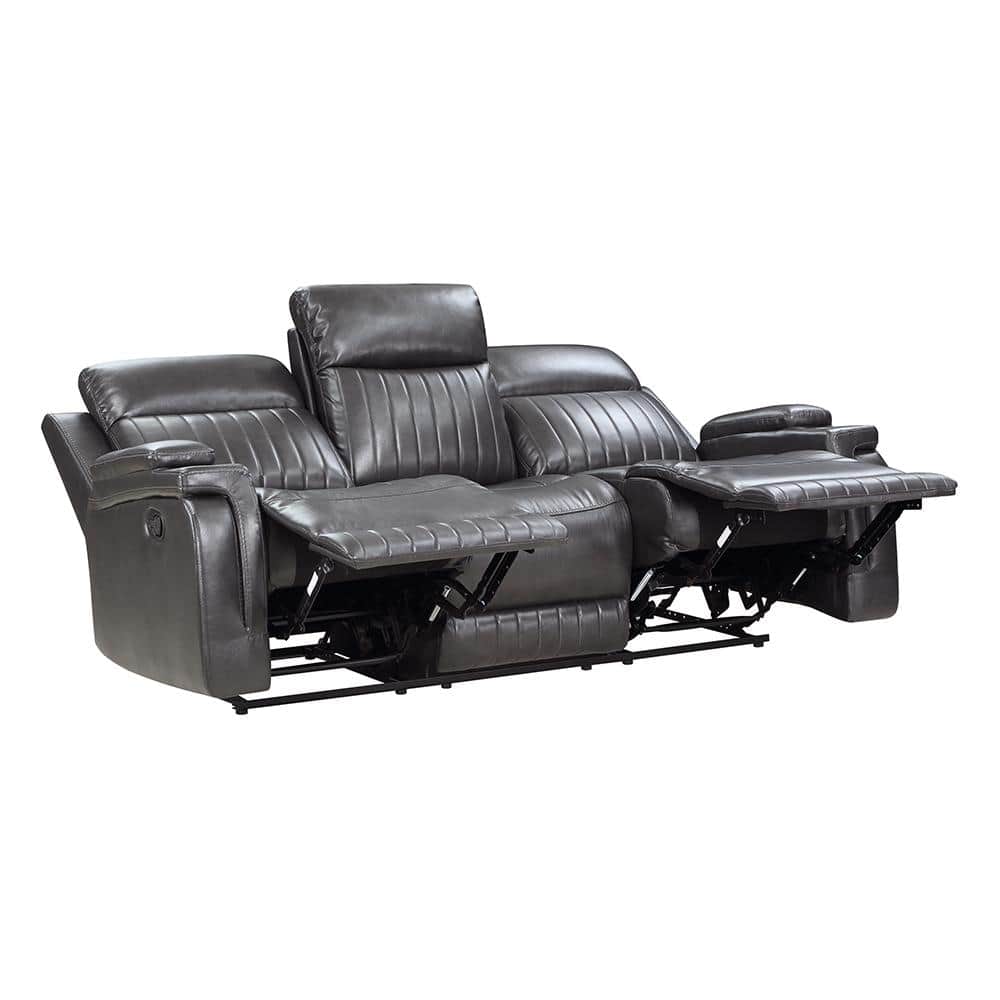 Gray Faux Leather Reclining Sofa with Cup Holders
