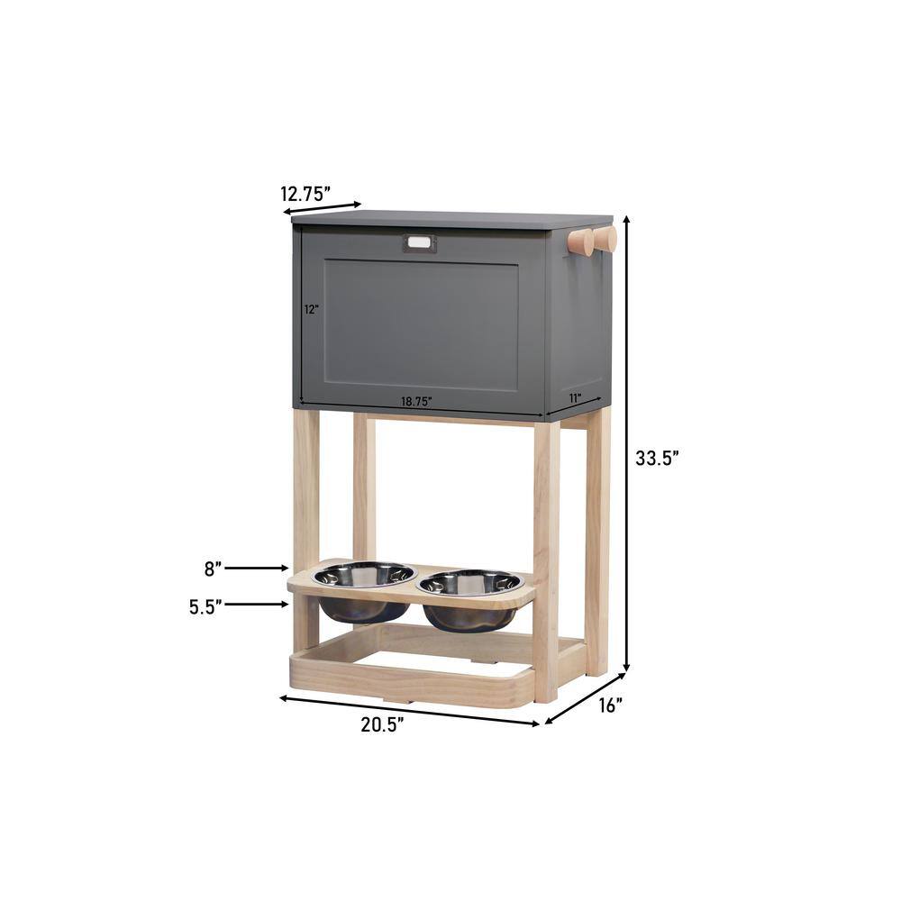 Gray Elevated Pet Feeding Station with Storage and Hooks
