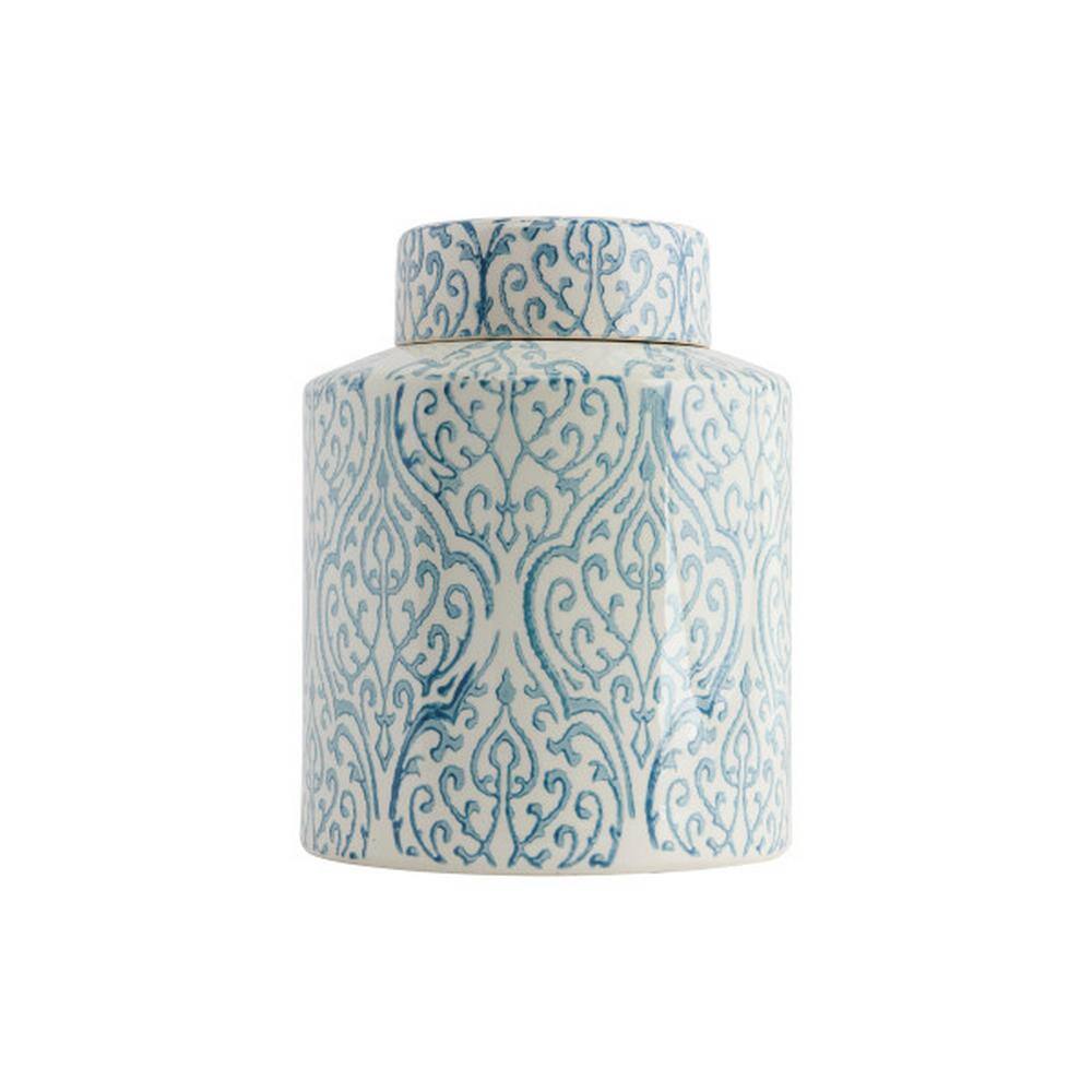 Elegant Blue and White Floral Ceramic Ginger Jar, 10" High