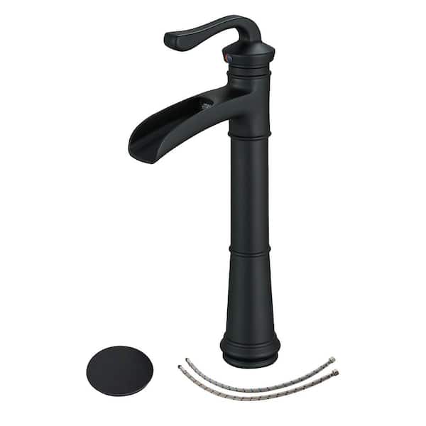 PERLIRIA INC Vessel Sink Faucet Matte Black Tall Waterfall Single Handle 1-Hole Bathroom Faucet, Mixer Tap with Pop up Drain