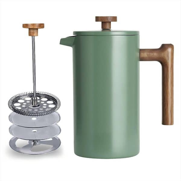 8 Cup French Press Coffee Maker with Real Wood Handle, Food Grade Stainless Steel for Good Coffee and Tea, Green