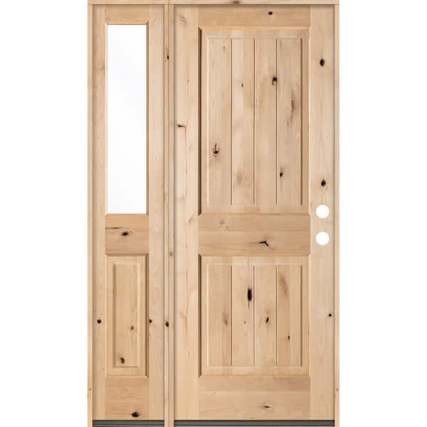 Krosswood Doors 44 in. x 80 in. Rustic Unfinished Knotty Alder Sq-Top VG Left-Hand Left Half Sidelite Clear Glass Prehung Front Door