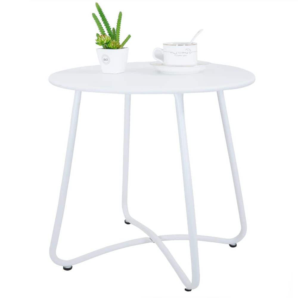 15.6 in. White Outdoor Side Table Round Metal Waterproof Portable Outdoor S