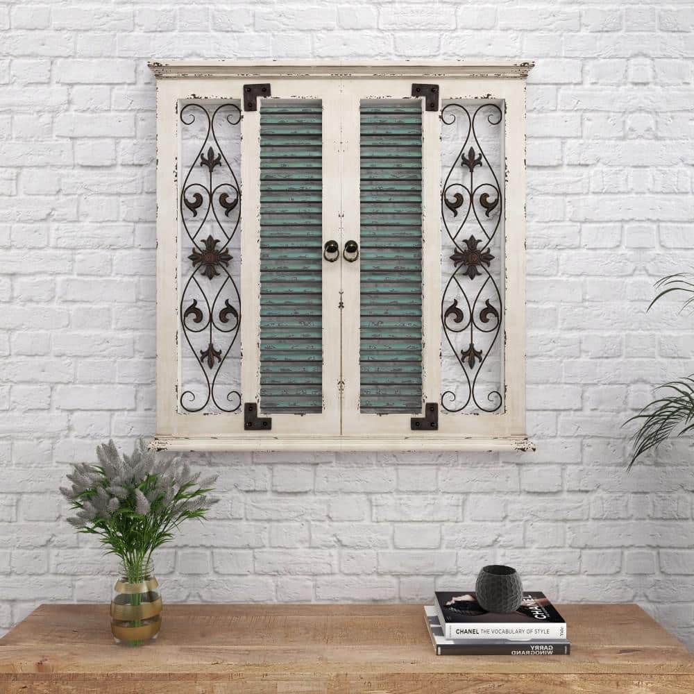40 in. x 40 in. Wood Beige Window Shutter Scroll Wall Decor with Metal Scrollwork Relief